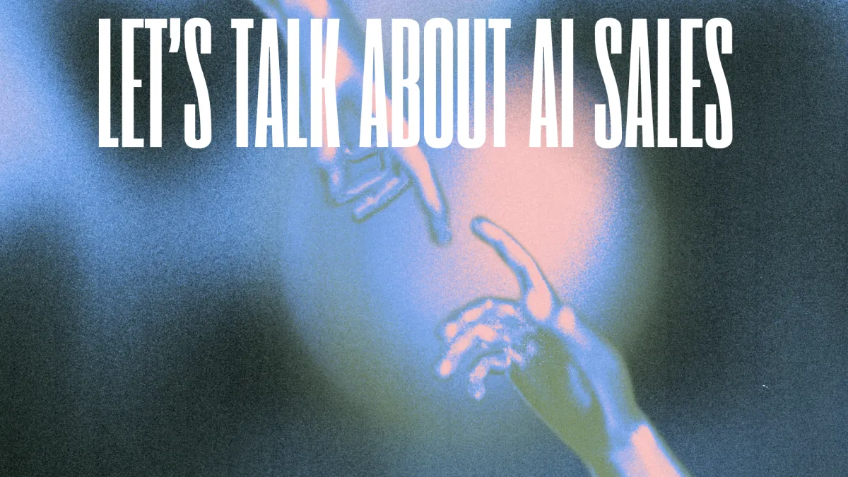 Abstract image of two hands reaching toward each other with the text ‘LET’S TALK AI SALES’ in bold, emphasizing connection and innovation in AI-driven sales strategies. The background features a gradient glow, creating a futuristic and dynamic feel.
