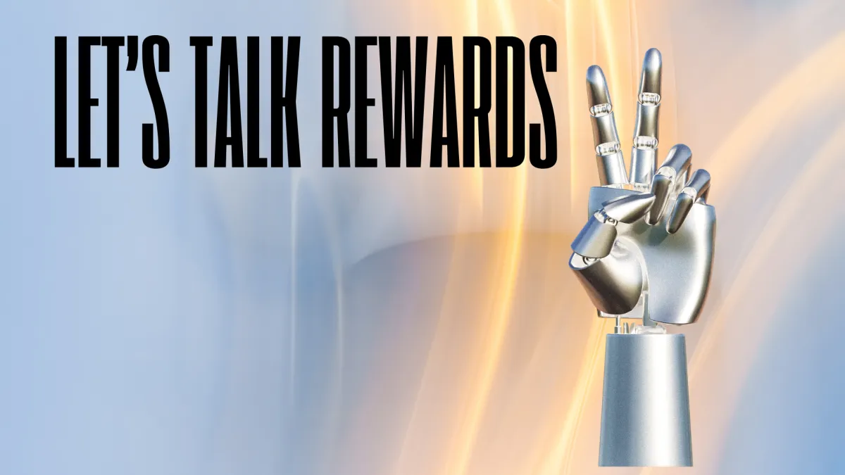Robotic hand making a peace sign with bold text ‘LET’S TALK REWARDS,’ symbolizing innovation, technology, and discussions around incentive programs.