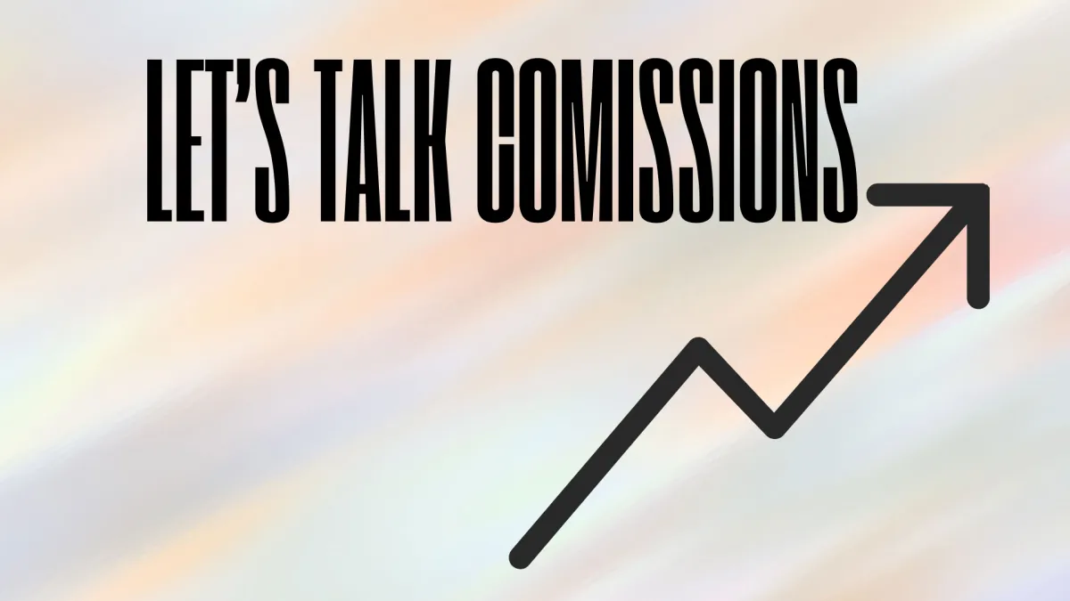 Graphic with a rising arrow and bold text ‘LET’S TALK COMMISSIONS,’ symbolizing growth, success, and discussions around sales incentives or earnings.