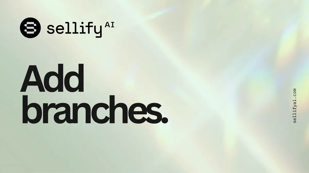 Sellify AI adding branches cover page with a holographic light background. The Sellify AI logo appears at the top left, and the text 'Onboarding Guide.' is prominently displayed in bold black font. The website URL sellifyai.com is vertically aligned on the right side