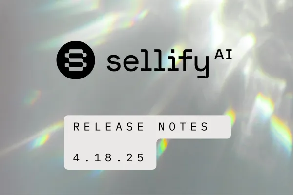 Sellify AI product release cover page with a holographic light background. The Sellify AI logo appears at the top left, and the text with date is prominently displayed in bold black font. The website URL sellifyai.com is vertically aligned on the right side
