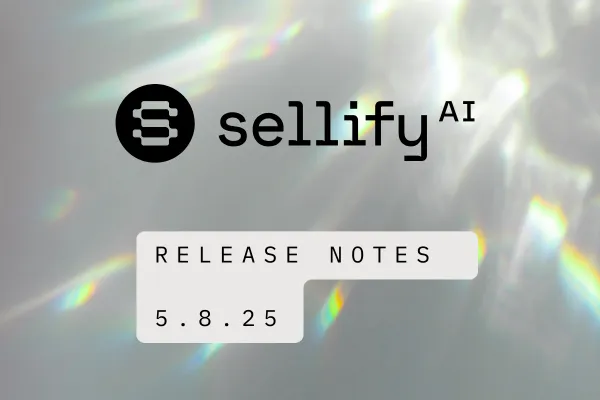 Sellify AI product release cover page with a holographic light background. The Sellify AI logo appears at the top left, and the text with date is prominently displayed in bold black font. The website URL sellifyai.com is vertically aligned on the right side