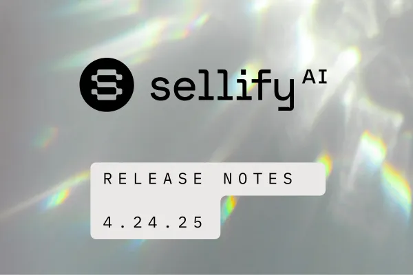 Sellify AI product release cover page with a holographic light background. The Sellify AI logo appears at the top left, and the text with date is prominently displayed in bold black font. The website URL sellifyai.com is vertically aligned on the right side