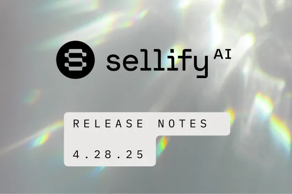 Sellify AI product release cover page with a holographic light background. The Sellify AI logo appears at the top left, and the text with date is prominently displayed in bold black font. The website URL sellifyai.com is vertically aligned on the right side