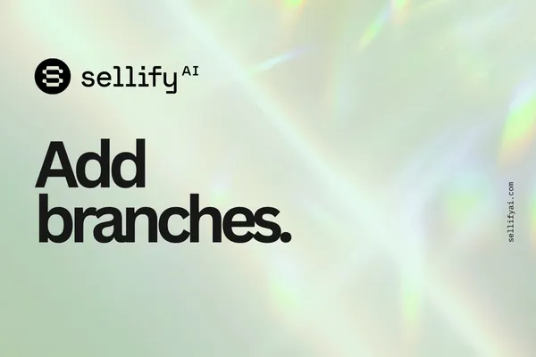 Sellify AI adding branches cover page with a holographic light background. The Sellify AI logo appears at the top left, and the text 'Onboarding Guide.' is prominently displayed in bold black font. The website URL sellifyai.com is vertically aligned on the right side
