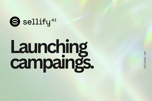 Sellify AI Launching campaigns cover page with a holographic light background. The Sellify AI logo appears at the top left, and the text 'Onboarding Guide.' is prominently displayed in bold black font. The website URL sellifyai.com is vertically aligned on the right side