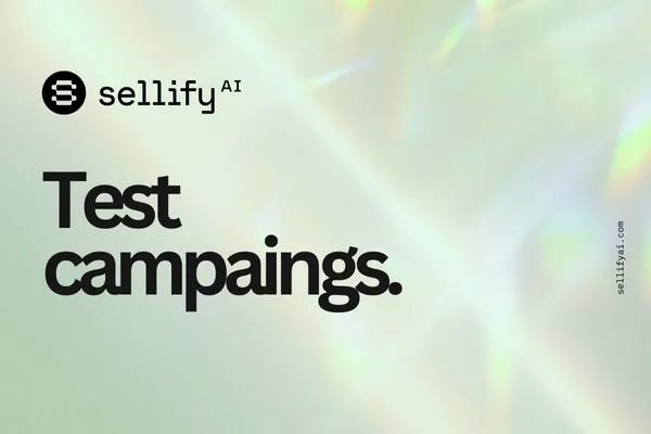 Sellify AI Test Campaigns cover page with a holographic light background. The Sellify AI logo appears at the top left, and the text 'Onboarding Guide.' is prominently displayed in bold black font. The website URL sellifyai.com is vertically aligned on the right side
