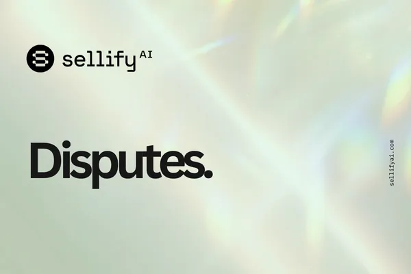 Sellify AI Dispute Guide cover page with a holographic light background. The Sellify AI logo appears at the top left, and the text 'Onboarding Guide.' is prominently displayed in bold black font. The website URL sellifyai.com is vertically aligned on the right side