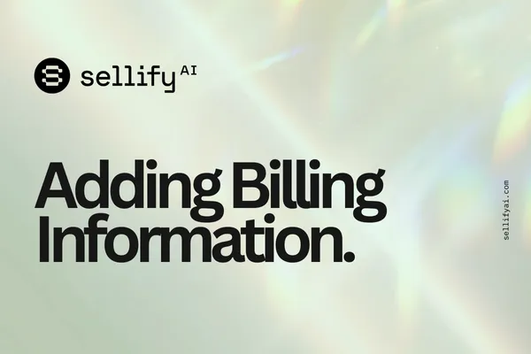 Sellify AI Billing information cover page with a holographic light background. The Sellify AI logo appears at the top left, and the text 'Onboarding Guide.' is prominently displayed in bold black font. The website URL sellifyai.com is vertically aligned on the right side