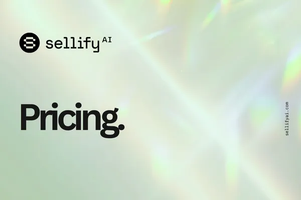 Sellify AI pricing cover page with a holographic light background. The Sellify AI logo appears at the top left, and the text with date is prominently displayed in bold black font. The website URL sellifyai.com is vertically aligned on the right side