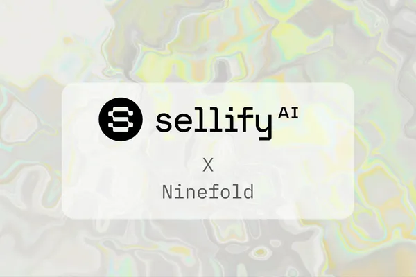 Sellify AI X Ninefold collab cover page with a holographic light background. The Sellify AI logo appears at the top left, and the text with date is prominently displayed in bold black font. The website URL sellifyai.com is vertically aligned on the right side