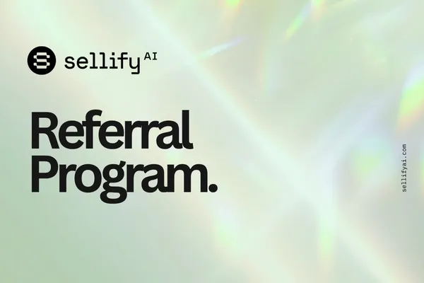 Halographic image with Title "referral program in the center. Sellify AI logo is in the top left corner