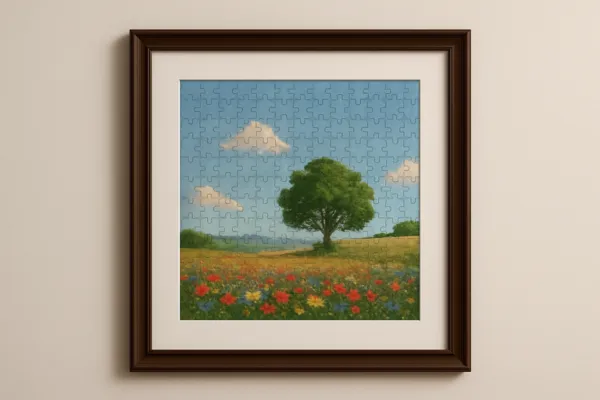   Framed completed puzzle on the wall