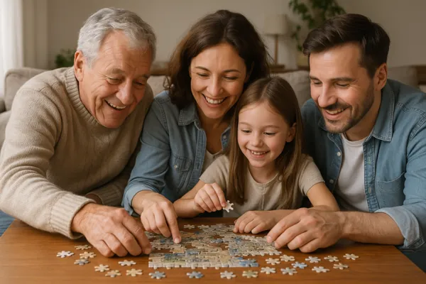Senior smiling while puzzling