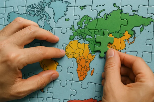 Close-up of hands placing a piece of a world map puzzle