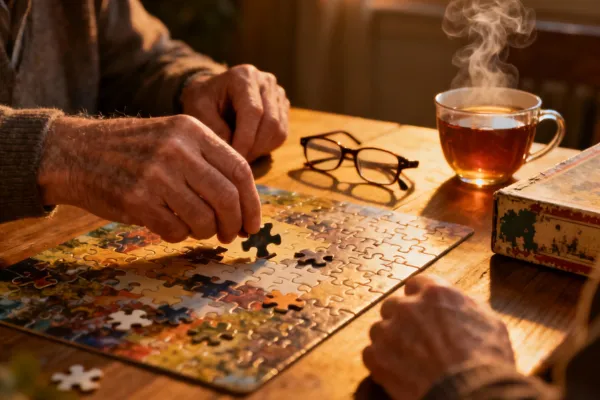 A warm, emotional photo showing a puzzle in progress on a cozy table — soft evening light, maybe a gentle hand placing a piece. Optional details: include a pair of reading glasses, a cup of tea, or a vintage puzzle box for nostalgic warmth. 💡 Bonus idea: If you can, recreate the original inspiration — a symbolic “father and daughter hands” shot with Puzzle Prep Pro trays nearby (faces not needed, focus on the hands and pieces).