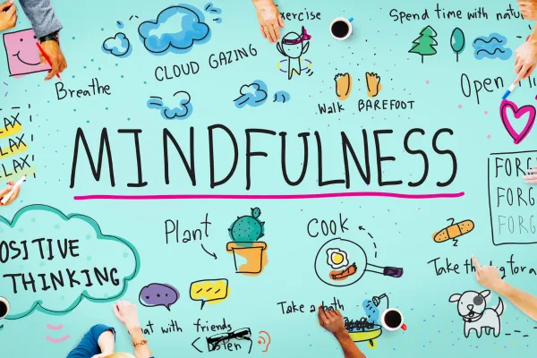 A teal image with mindfulness writing