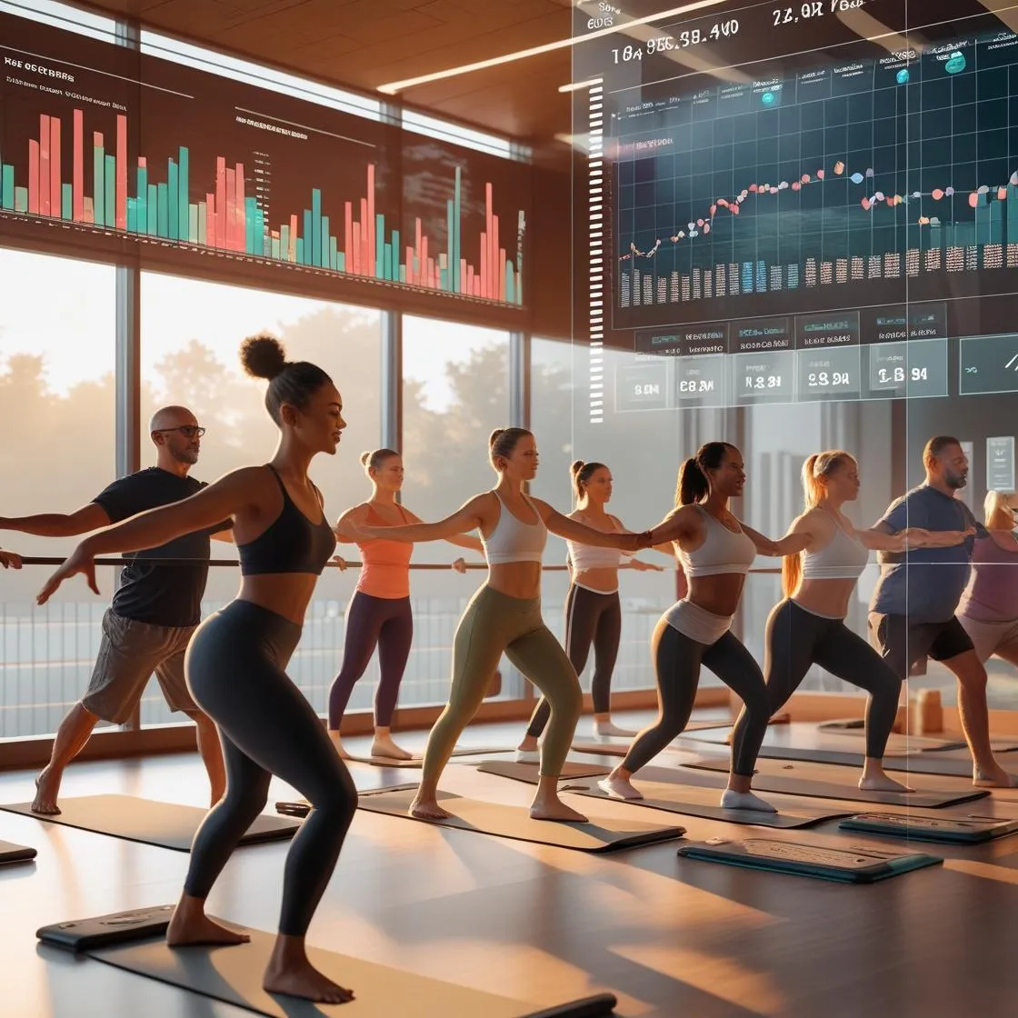 Modern fitness facility with people participating in a group class on one side and a digital screen showing graphs and booking analytics on the other. Visual overlays include peak hour heatmaps, class attendance charts, and scheduling dashboards. Represents data-driven decisions in gym and community centre environments.