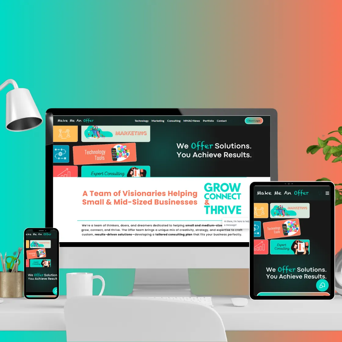 Desk with monitor, tablet and cellphone screens all showing MMAO's website