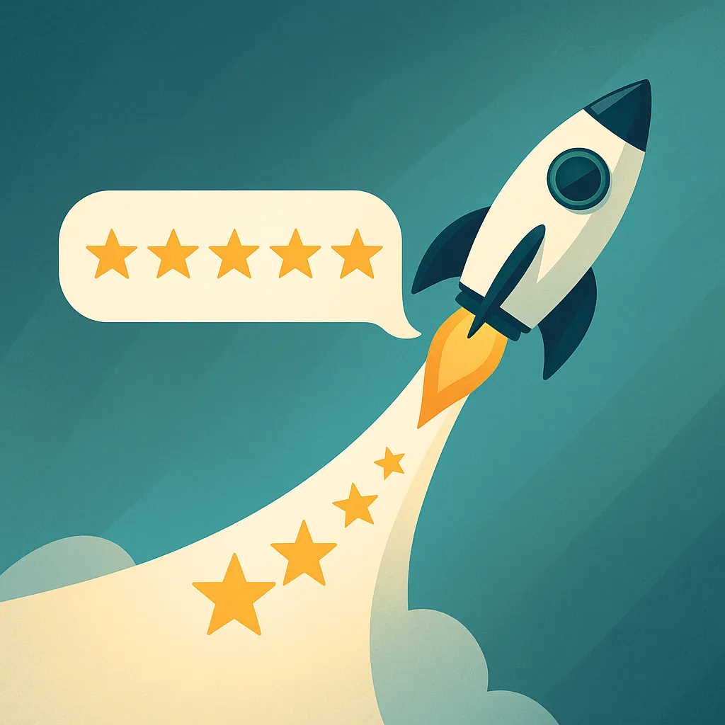 A flat-style digital illustration of a white rocket with navy fins launching upward, leaving behind a curved trail of five golden stars. A light speech bubble with five gold stars floats beside the rocket, set against a clean teal-to-blue gradient background. The overall style is modern and minimal, with a focus on reputation, ratings, and momentum.