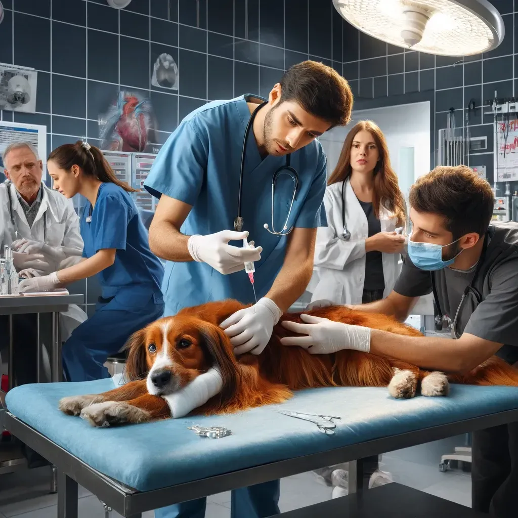 An illustration showing a dog being treated for a bee sting, surrounded by first aid symbols