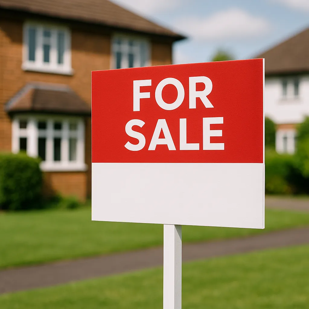 A red and white "For Sale" sign stands on a post in front of a suburban brick house with white-framed windows, set against a green lawn and a bright, sunny sky.