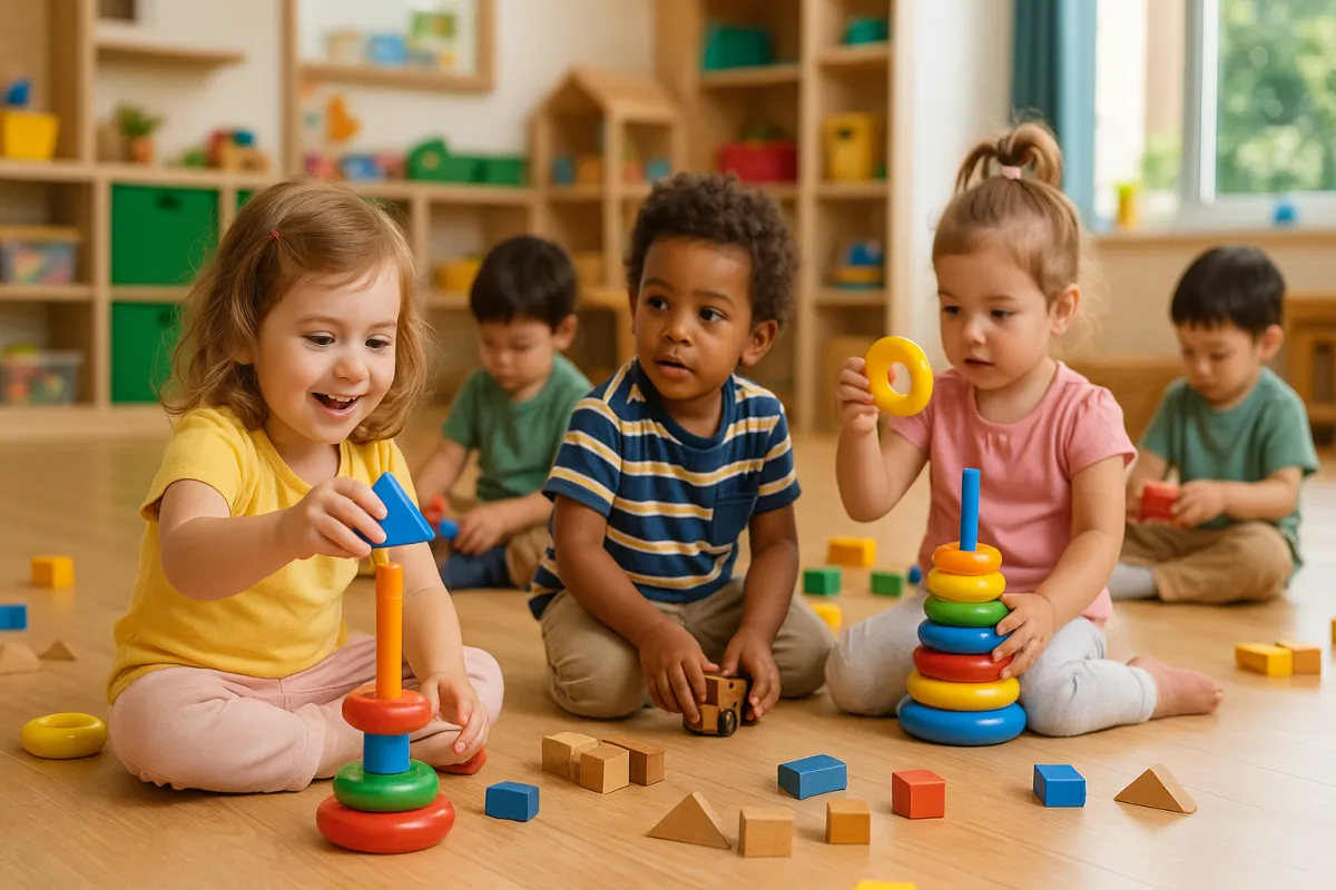 Diverse group of young children playing with educational toys in a bright, modern nursery