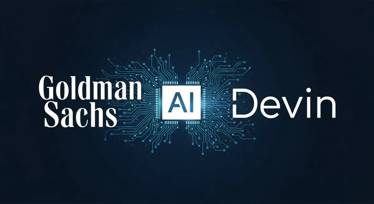 A graphic showing the Goldman Sachs logo intertwined with circuitry and the "Devin" AI logo, representing the collaboration between finance and artificial intelligence. Sources