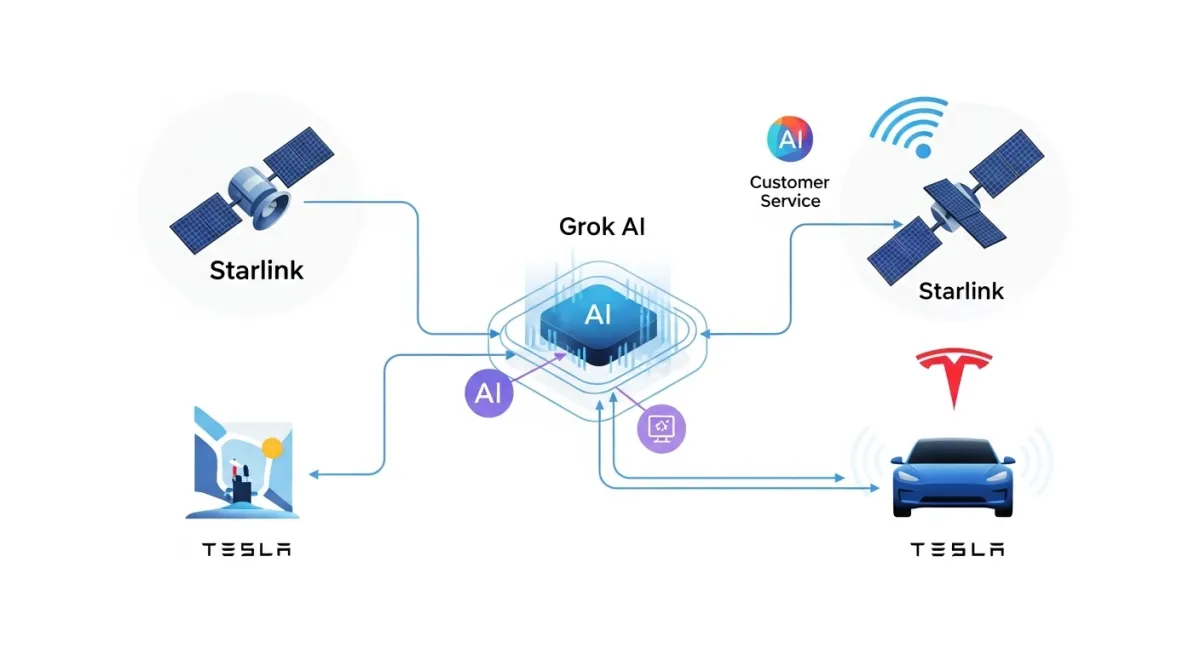 Grok AI が Starlink のカスタマーサービスおよび Tesla 車両と統合される仕組みを示す概念図。イーロン・マスクのテクノロジー・エコシステムに焦点を当てています。