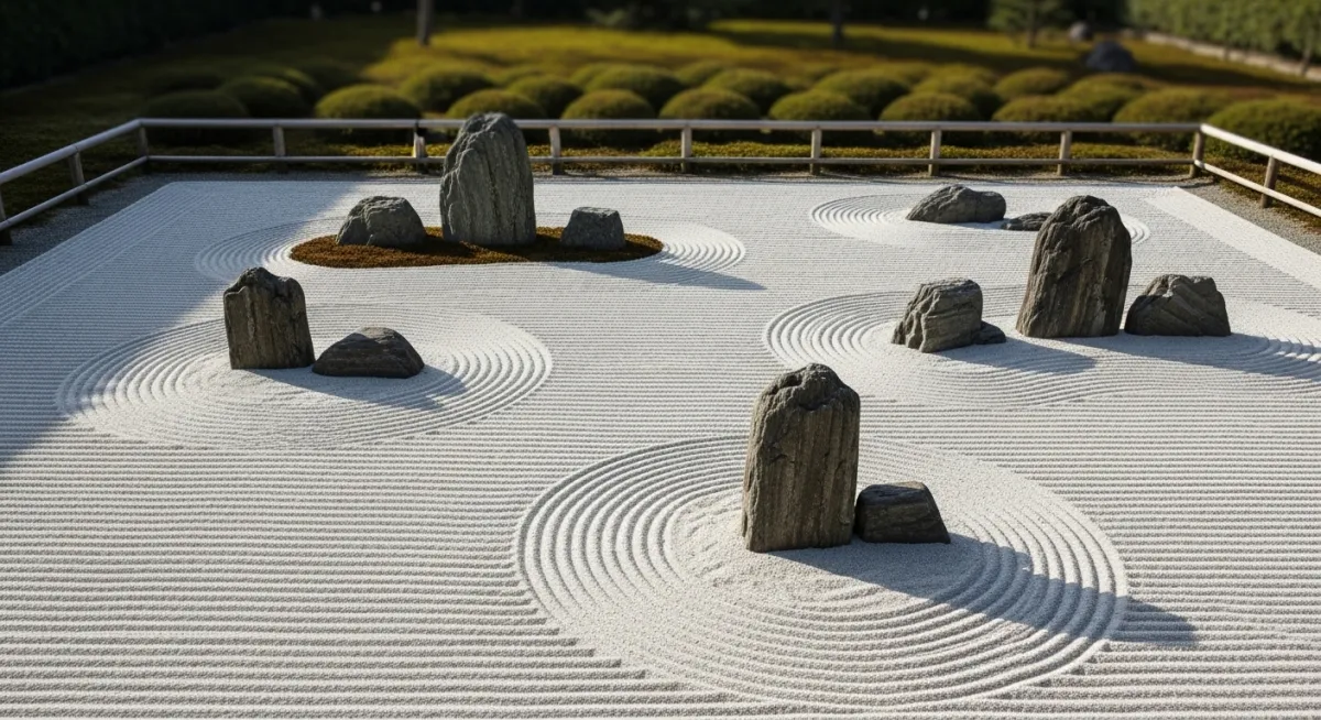 An overhead view of a meticulously arranged Japanese rock garden (Karesansui), where clean, flowing lines raked into white sand surround carefully placed stones. The image serves as a powerful metaphor for bringing order and elegant simplicity to complex business processes through intelligent automation.