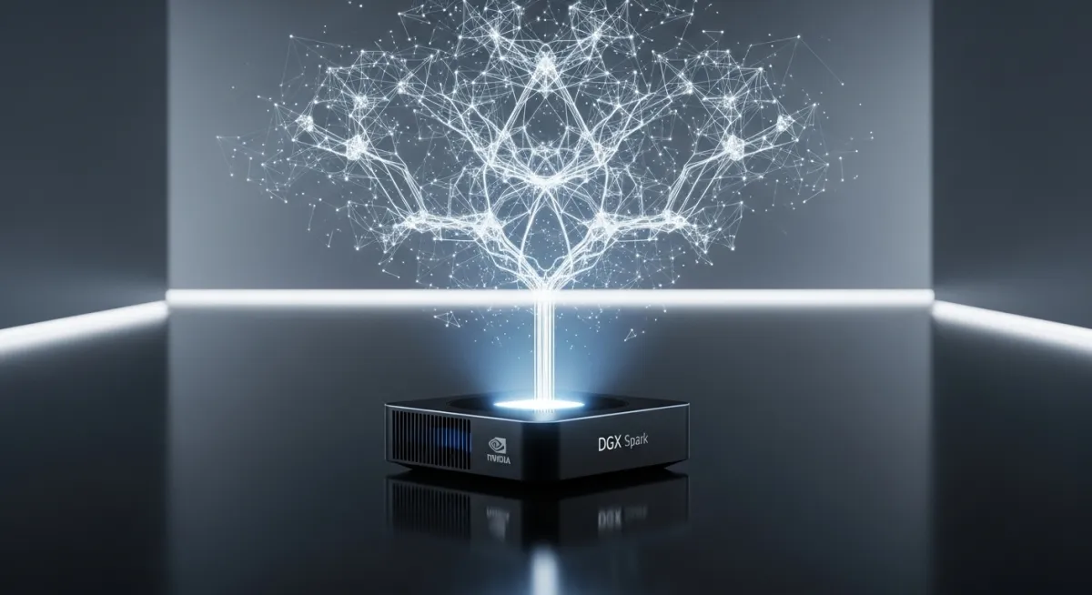 An artistic and symbolic image. The minimalist, black Nvidia DGX Spark sits alone on a polished, reflective surface in a serene, modern environment. A faint light emanates from the device, projecting a complex, glowing network diagram resembling a branching tree into the space above it. The image conveys the idea that this small box is the seed for massive, organic growth in artificial intelligence.