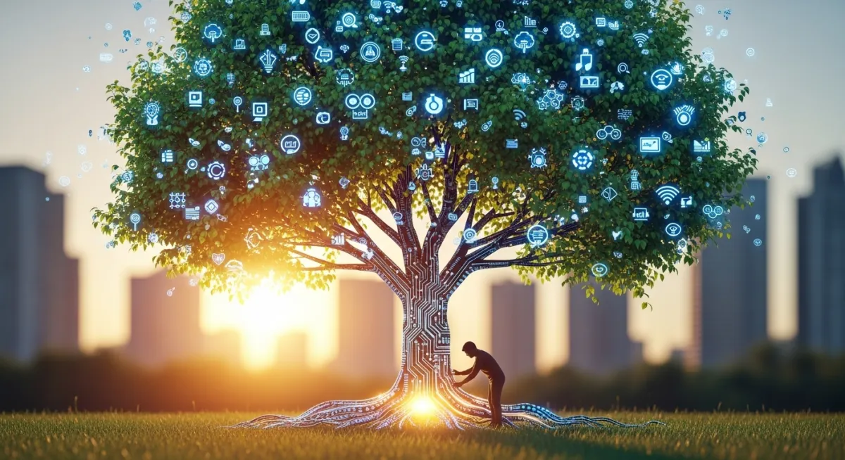 幹と枝がデジタル回路のようにデザインされた木が、豊かな葉を茂らせている。葉の一枚一枚は、データ、自動化の概念を表す小さなシンボルで構成されている。根元には、人間がその成長を見守り、手入れをしているような温かい光が差し込んでいる。