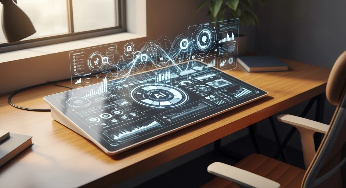 温かみのある木製のデスクに置かれた、未来のビジネスを司るかのような美しいAI操作盤。複雑なデータと創造性が光の線で繋がり、まるで思考が可視化されているようだ。これは、AIが単なるツールではなく、人間の活動を豊かにするパートナーとなる未来への窓口である。