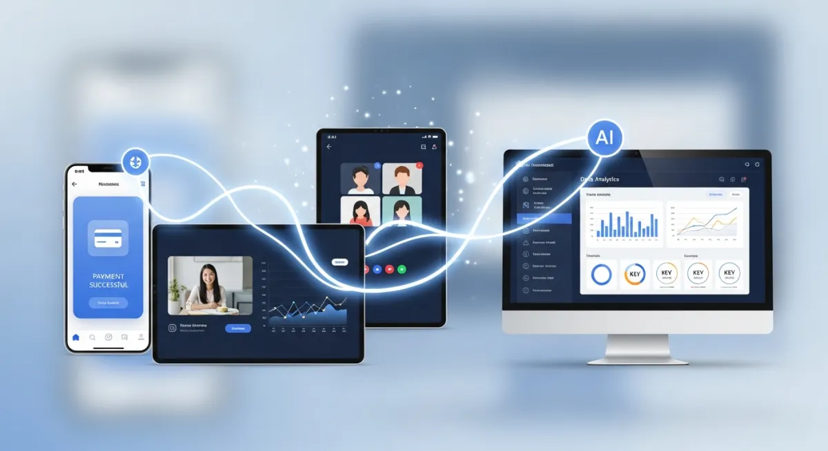 様々なデバイス(スマートフォン、タブレット、PCなど)の画面が、それぞれ異なるビジネスシーン(決済、会議、データ分析など)を映し出しており、それらが一本の光の線で有機的につながっている様子。光の線は、AIがこれら全てを統合し、シームレスな体験を提供することを示唆。モダンで洗練された印象を与えるグラフィックデザイン。