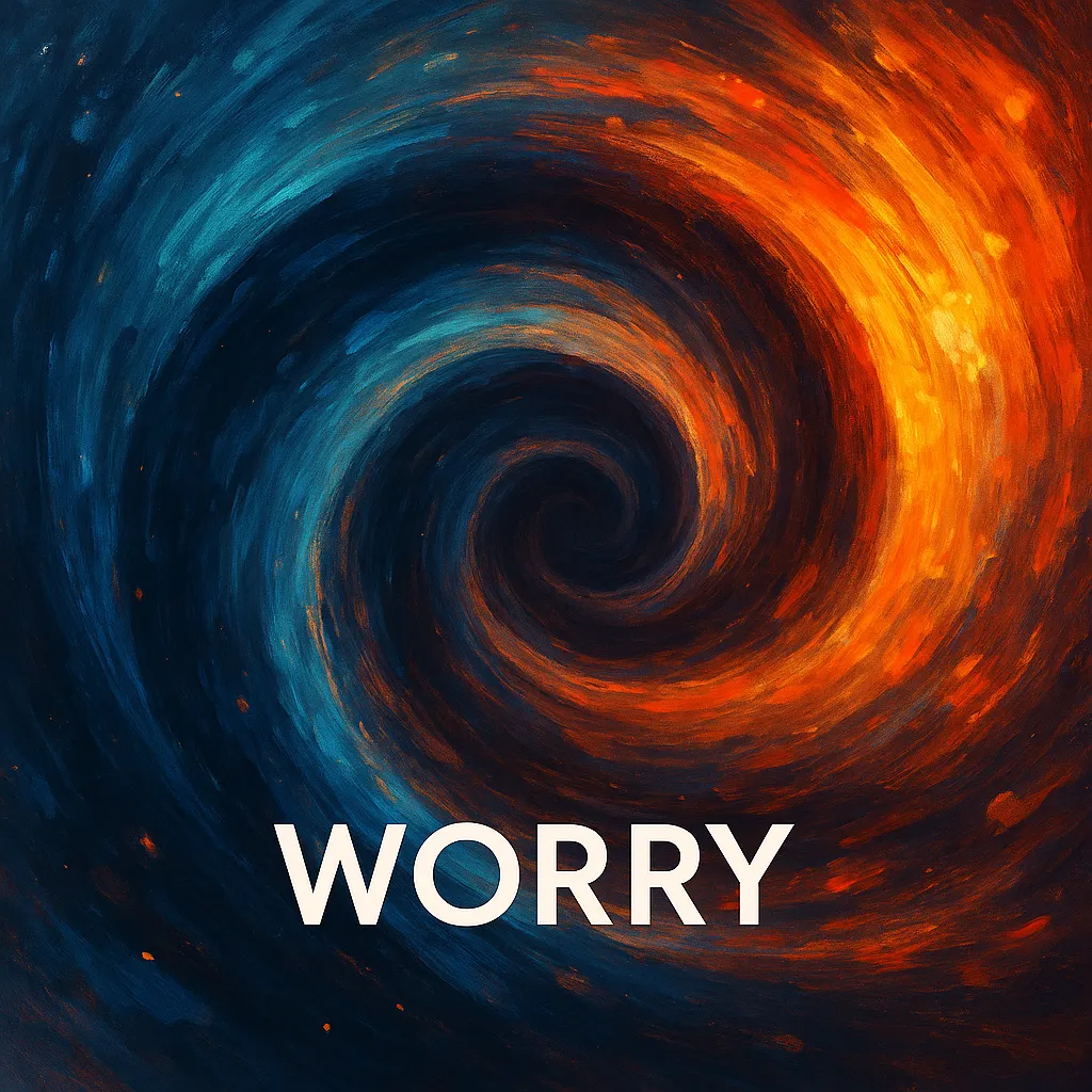 Digital swirl artwork with foggy teal and orange tones illustrating the what-if weight and anxious projections leaders experience when worry takes over.