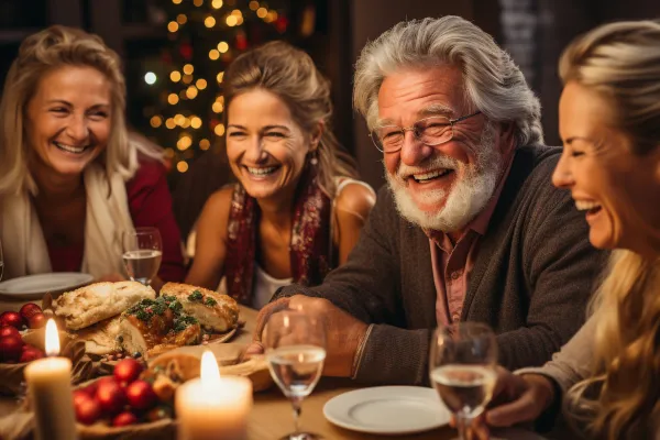 family laughing around the holiday dinner table