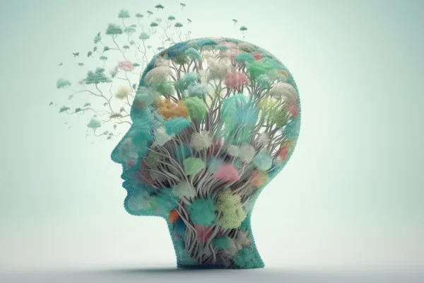 side profile of a human head with pastel plants and flowers growing out of it