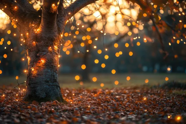 Nearly bare tree covered in twinkle lights, light glowing