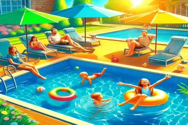 Family enjoys clean, sparkling backyard pool on sunny day.