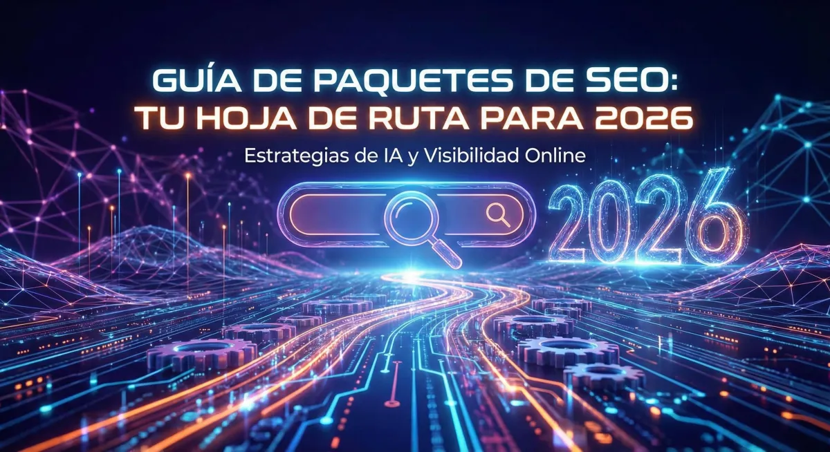 Ilustración digital futurista que muestra un paisaje tecnológico con engranajes y flujos de datos, con el título 'Guía de Paquetes de SEO: Tu Hoja de Ruta para 2026' y el subtítulo 'Estrategias de IA y Visibilidad Online'.