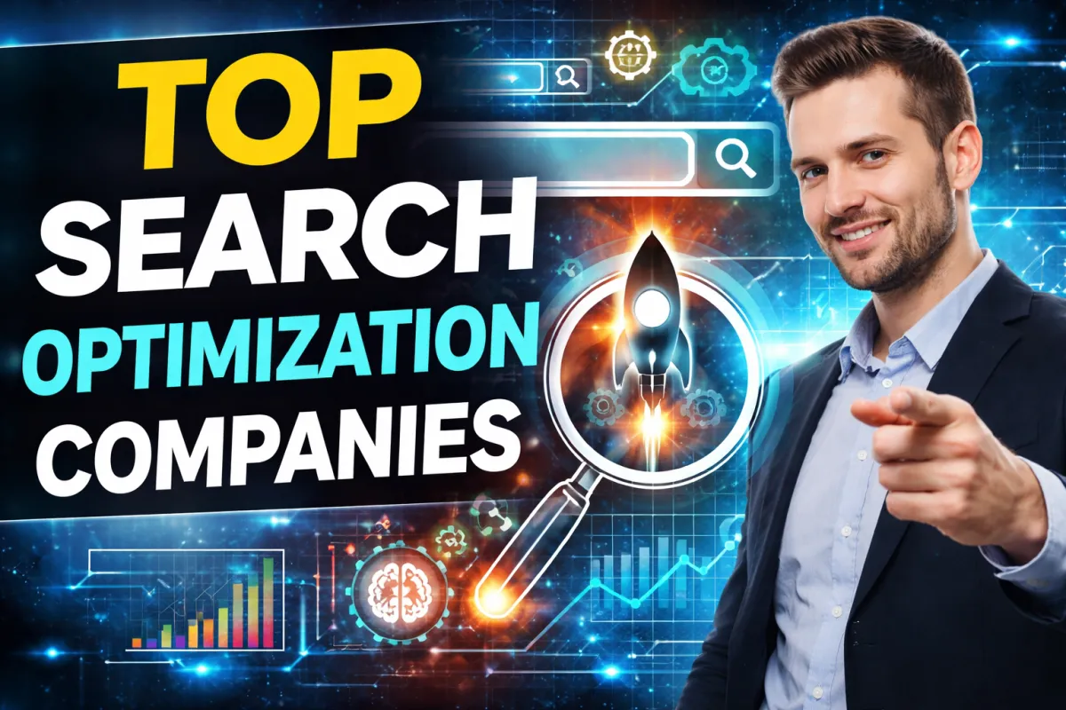 Thumbnail graphic showing ‘Top Search Optimization Companies’ text with a professional pointing forward, a rocket inside a magnifying glass, and digital SEO analytics icons representing AI-driven search growth in 2026