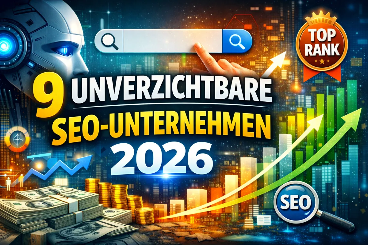 Thumbnail-Grafik mit dem deutschen Titel „9 unverzichtbare Suchoptimierungs-Unternehmen 2026“, einer Lupe mit SEO-Icons, steigenden Performance-Graphen und modernem Tech-Design als Blog-Cover.