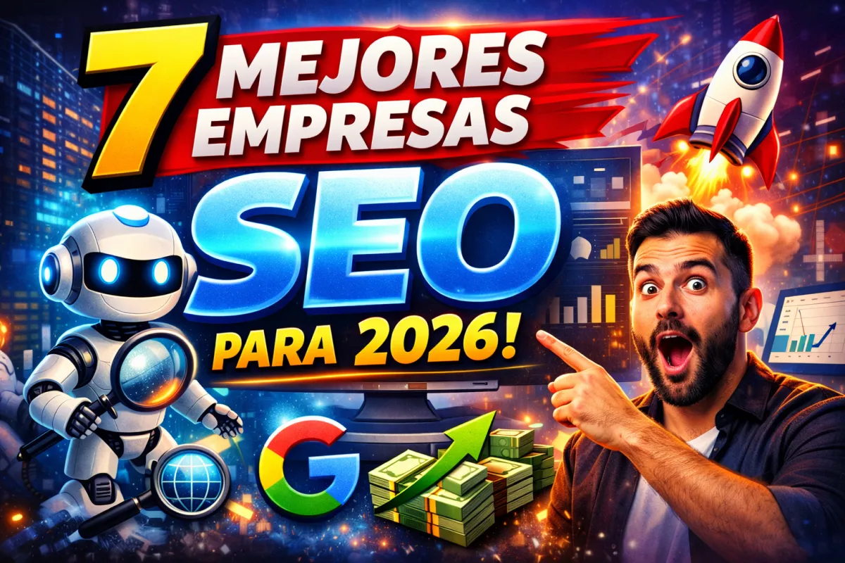 Miniatura del artículo “7 Mejores Empresas de Optimización SEO para 2026” con texto grande “TOP 7 SEO 2026”, iconos de IA y buscador, flecha de crecimiento y diseño de alto contraste para destacar una lista comparativa de agencias SEO