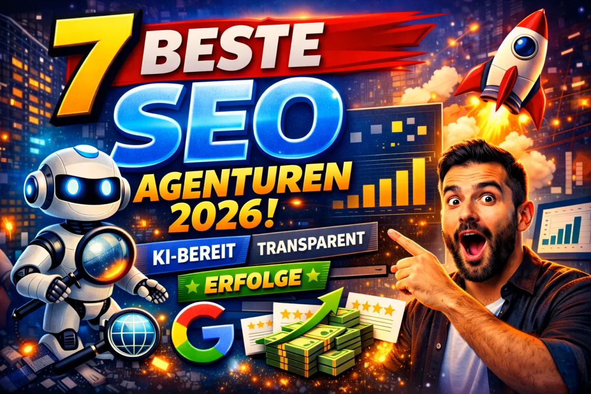 7 beste SEO-Agenturen für 2026“ mit großem Text „7 BESTE SEO FÜR 2026