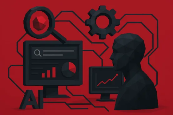 Ilustración low-poly de un entorno de búsqueda con IA y señales de auditoría SEO, con redes digitales y paneles abstractos.