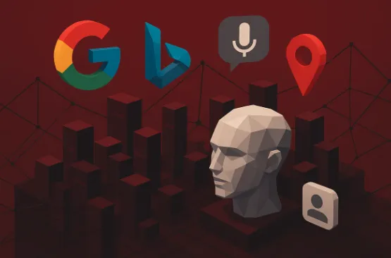 Low-poly futuristic illustration of an AI-powered search engine interface, representing SEO optimisation services and the 2026 search landscape.