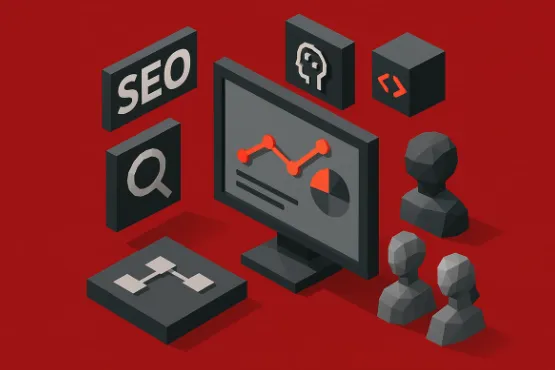 Ilustración futurista estilo low-poly de un motor de búsqueda con IA, representando servicios de optimización SEO y el panorama de búsqueda en 2026.