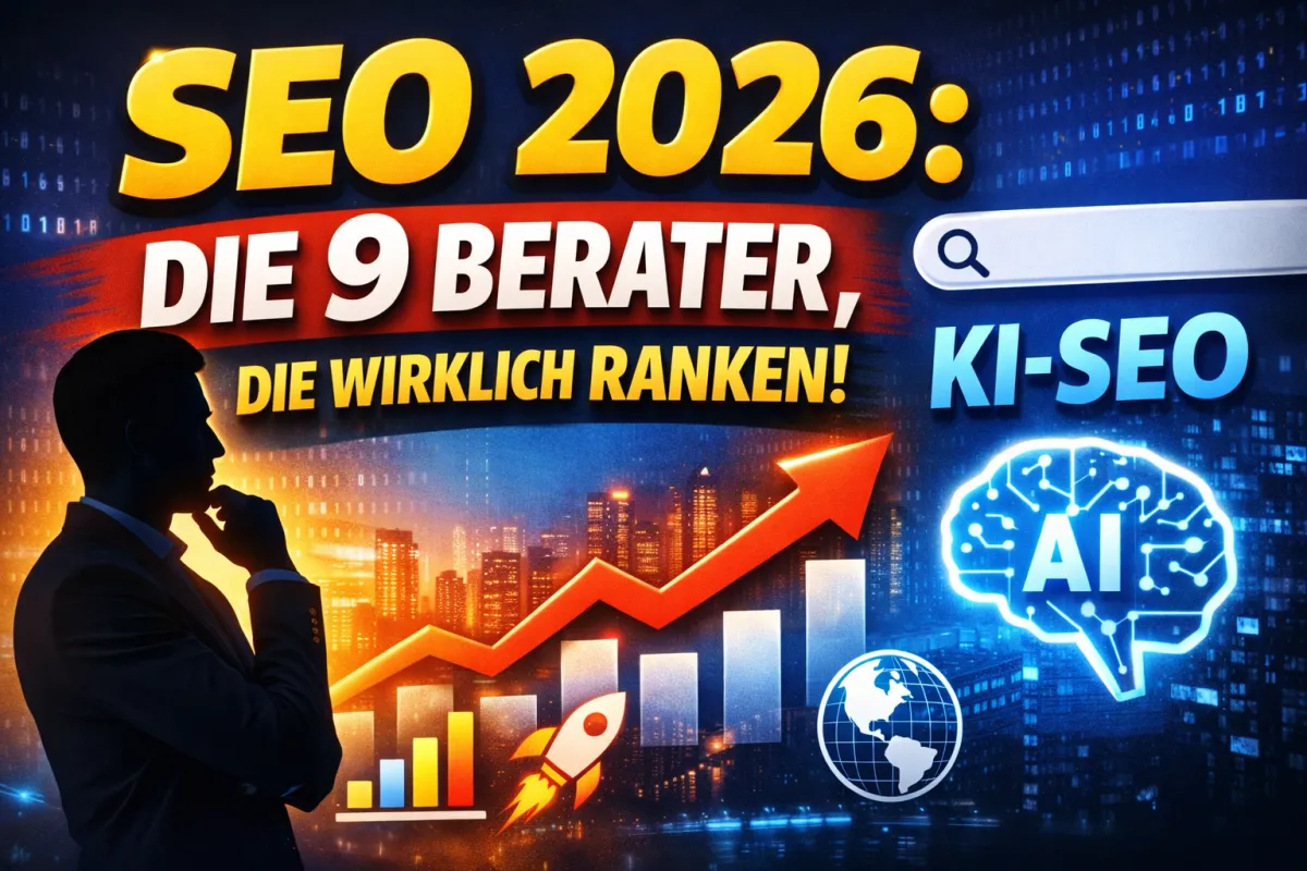 SEO 2026: Die 9 Berater, die wirklich ranken: KI-SEO, Suchleiste, Wachstums-Chart und Business-Silhouette im Hintergrund.