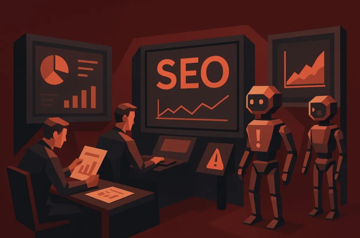 Low-poly illustration of a futuristic SEO control room with AI-driven analytics dashboards