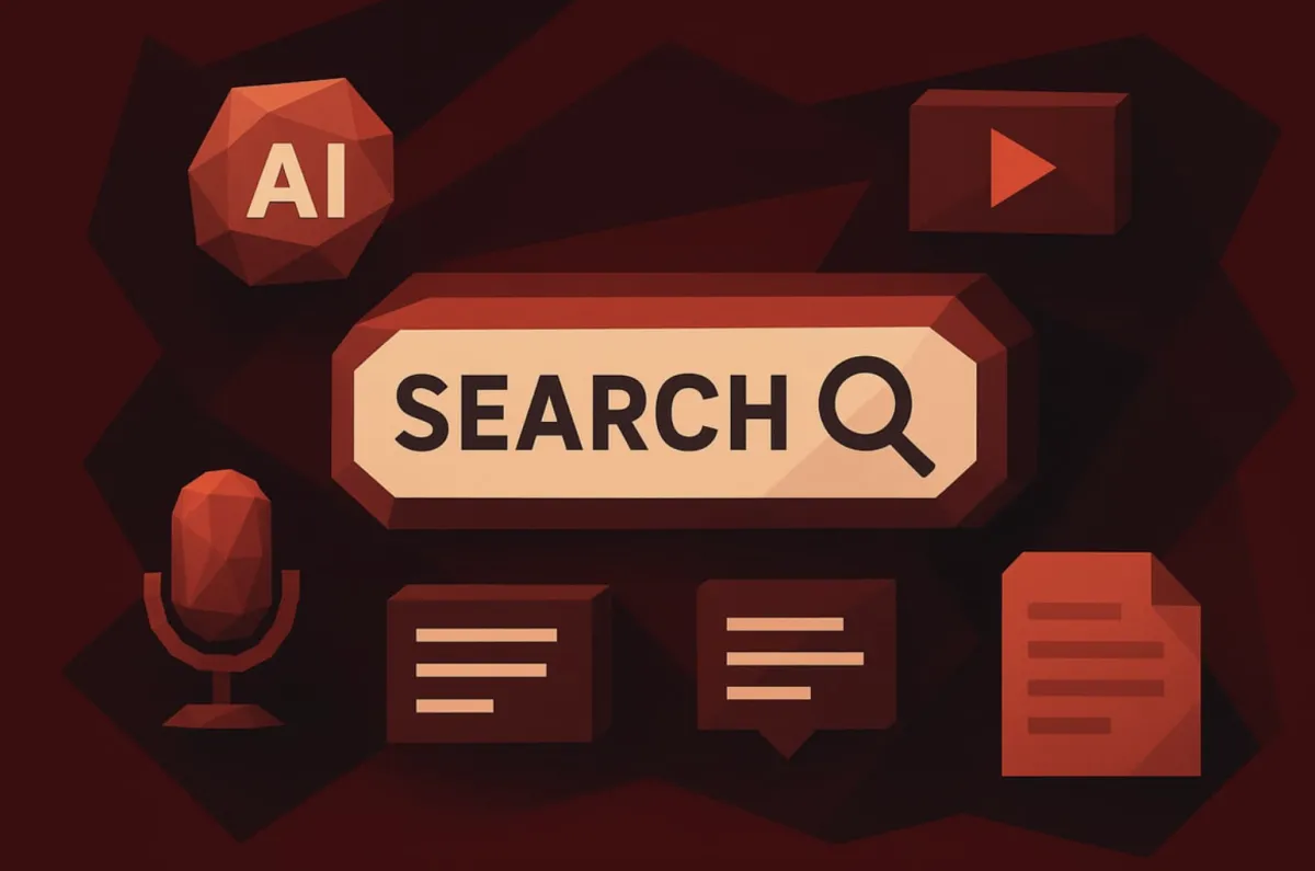 Low-poly illustration of an AI-powered search interface with a “SEARCH” bar, magnifying glass icon, microphone, play button, chat bubbles, and a document icon in red tones.